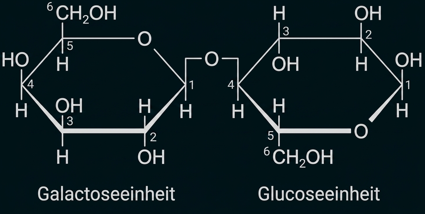 Zwei Ringstrukturen: Galactose- und Glucoseeinheit mit OH-Gruppen und nummerierten Kohlenstoffatomen